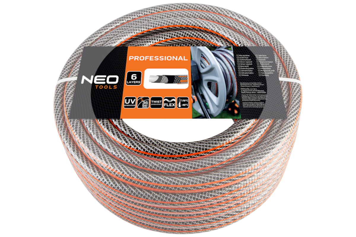 Wąż ogrodowy NEO Professional 1/2 50 m 15-842, wąż, woda, ogród, mycie, na białym tle w pełni zapakowany farbycznie wąż