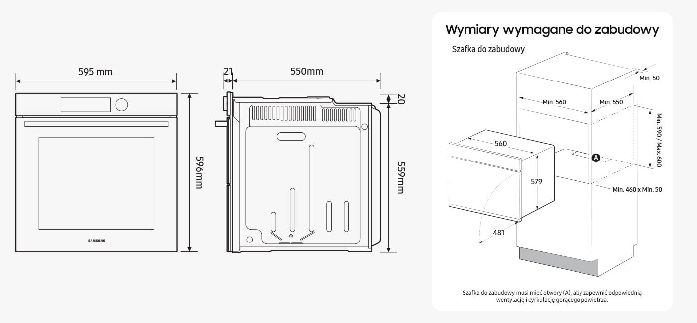 Samsung NV7B5660RAK z oferty Media Expert został pokazany na zwymiarowanym rysunku technicznym