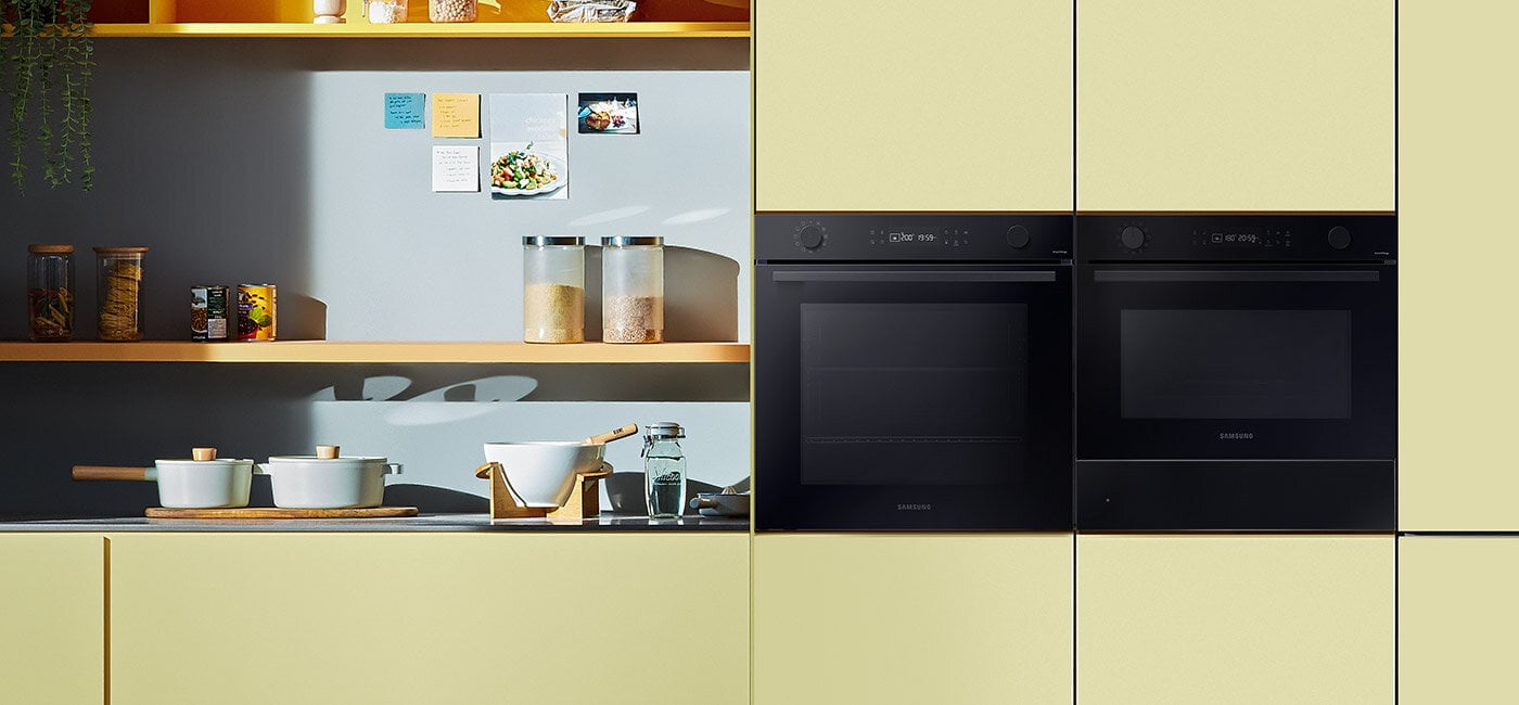 Jak pokazuje zdjęcie, z urządzeń Samsung można stworzyć stylowy zestaw, który z powodzeniem odnajdzie się np. w niebiesko-żółtej kuchni