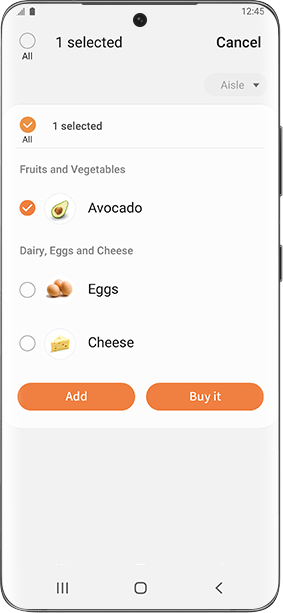 Lista na zakupy pokazana na screenie z aplikacji SmartThings Cooking