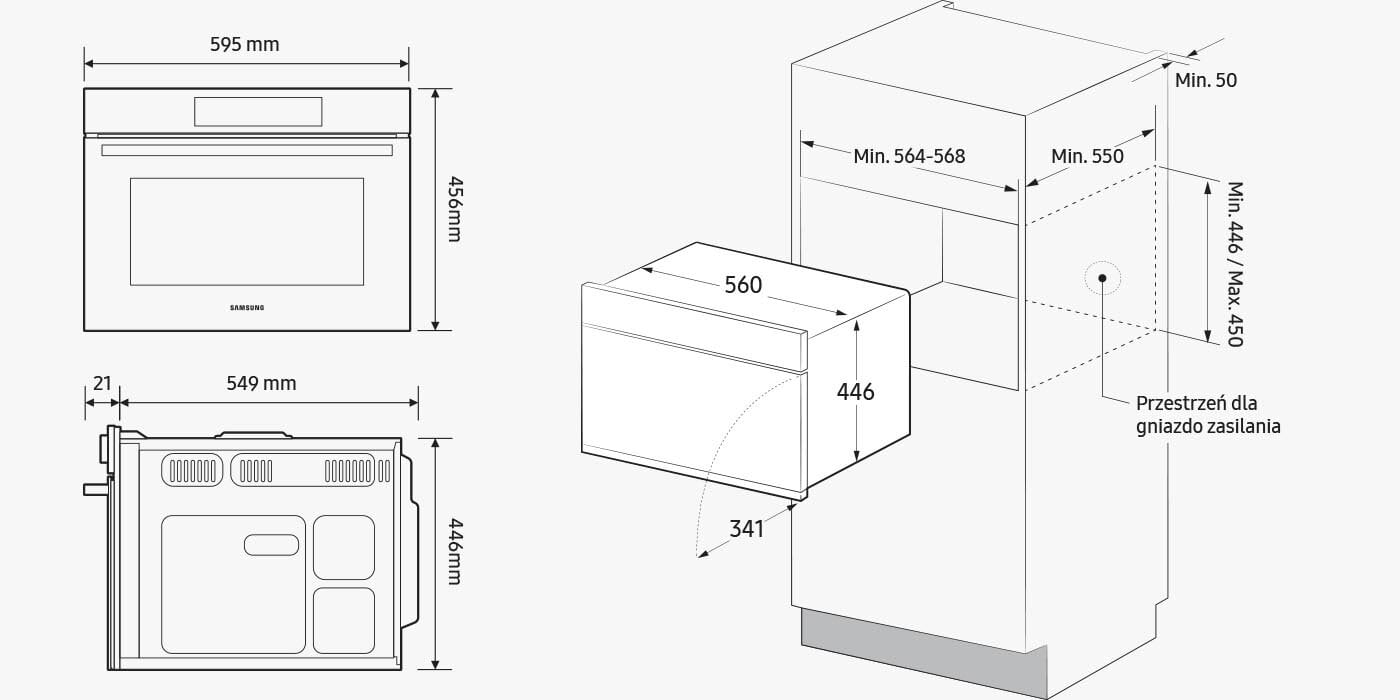 Szczegółowe przedstawienie najważniejszych wymiarów kuchenki mikrofalowej do zabudowy NQ5B4313GBW 