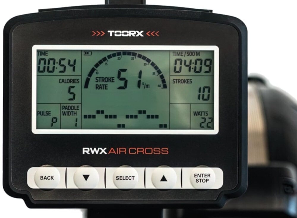 Wioślarz powietrzny TOORX RWX Air Cross intuicyjny panel kontrolny wyswietlacz LCD niebieskie podswietlenie