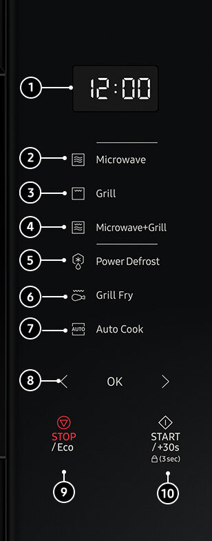 Grafika pokazuje wygląd panelu sterowania kuchenki Samsung MG30T5018CK