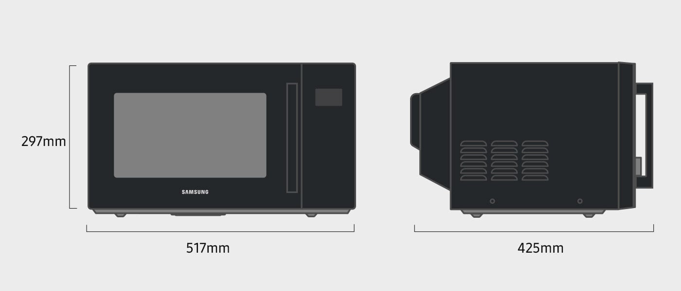 Wymiary kuchenki mikrofalowej Samsung MG30T5018CK zostały przedstawione na rysunku