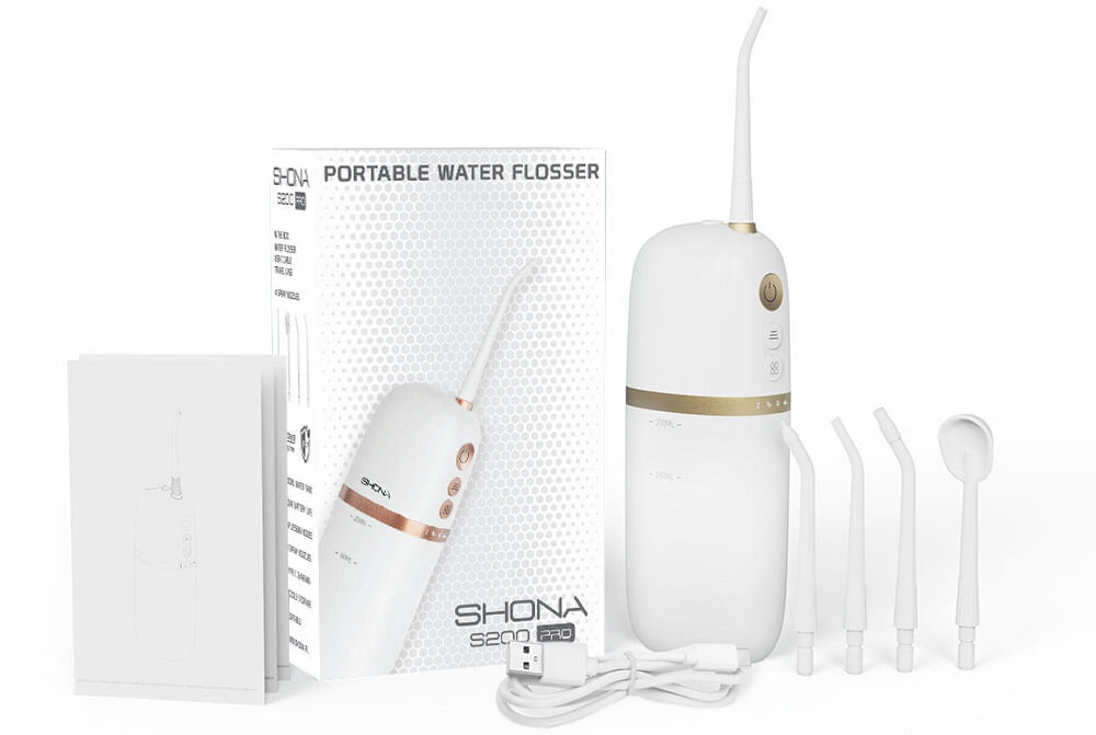 Irygator SHONA S200 Pro Turkusowy cztery końcówki higiena jamy ustnej aparat zęby język przestrzenie standardowa skrobaczka do języka 