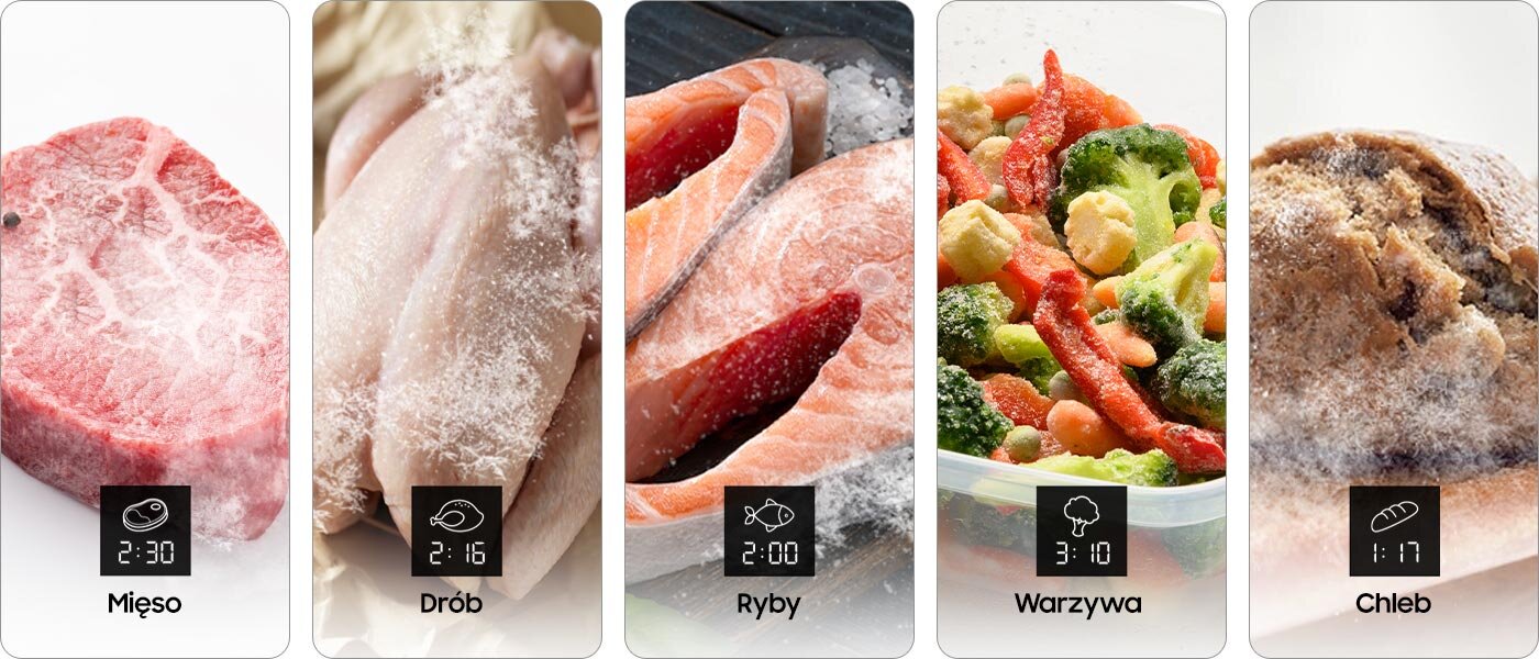 W kuchence mikrofalowej Samsung MG23A7318AK możesz rozmrażać mięso czerwone, drób, ryby, warzywa czy pieczywo