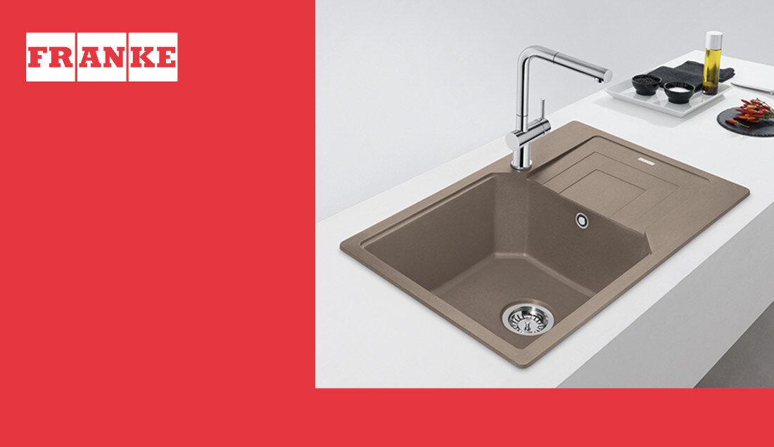 Zlewozmywak jednokomorowy z ociekaczem FRANKE Urban UBG 611-62 114.0687.264 Cappuccino wygląd design tło prezentacja wizualizacja