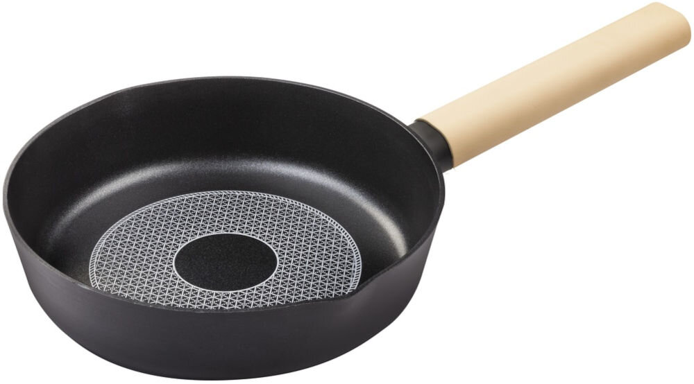 Patelnia LAMART Poele LT1215 20 cm patelnia stoi bokiem czarna czarne dno beżowa rączka białe tło do każdej kuchni
