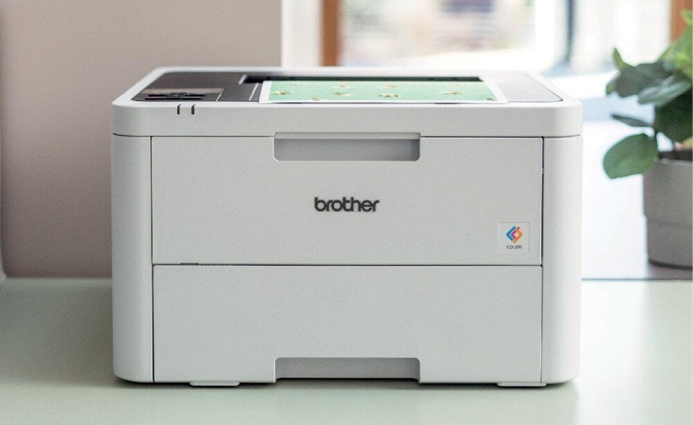 Drukarka BROTHER HL-L3220CW drukarka stojąca przodem na biurku, po prawej stronie stojąca roślina w doniczce wygląd opis
