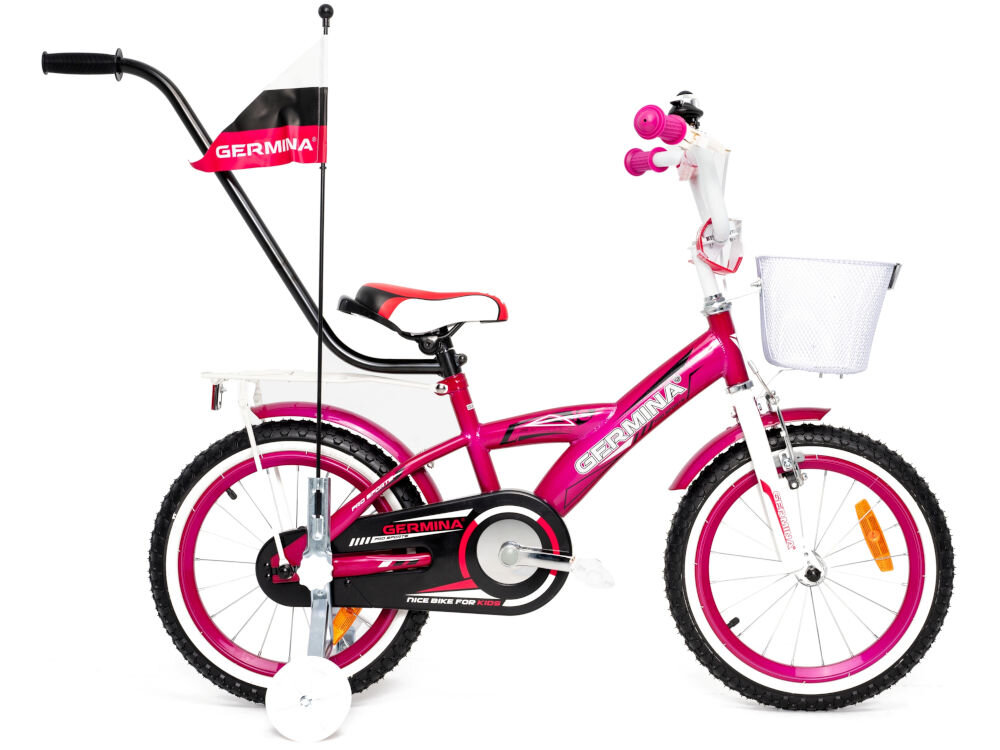 Rower dziecięcy GERMINA BMX 16 cali dla dziewczynki Fuksjowy rowerek jazda na rowerze nauka jazdy