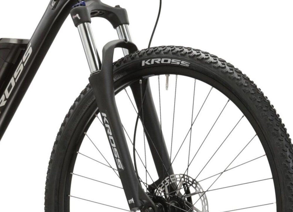 Rower elektryczny KROSS Esprit Boost 1.0 M21 29 cali męski Czarny rower typu hardtail przedni amortyzator marki SR Suntour typ XCT30 HLO 100 mm ulatwia najezdzanie na przeszkody niweluje wstrzasy