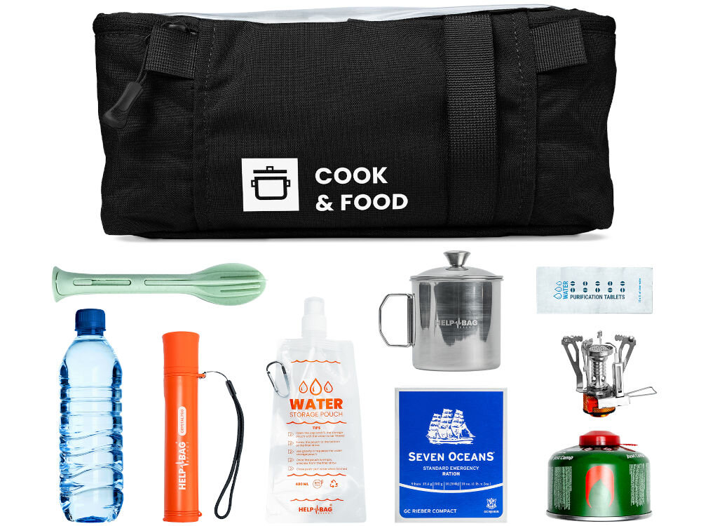 Plecak ewakuacyjny HELP BAG Max Czarny moduł cook&food gotowanie zawartość modułu