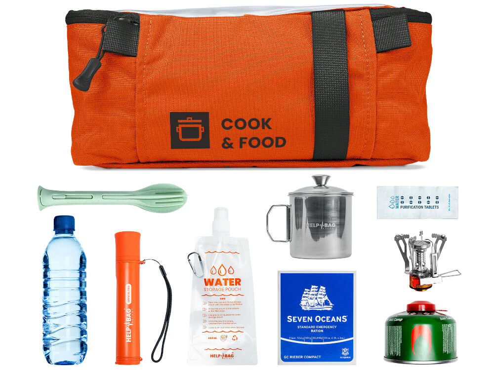Plecak ewakuacyjny HELP BAG Max Pomarańczowy moduł cook&food gotowanie zawartość modułu