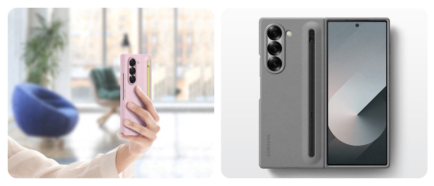Lewe zdjęcie przedstawia dłoń wygodnie trzymającą złożony Galaxy Z Fold6 w różowym etui S Pen Case na tle dobrze oświetlonego luksusowego domu. Prawe to ujęcie z góry Galaxy Z Fold6 w szarym etui S Pen Case, w pełni rozłożonego, prezentujące doskonałe dopasowanie etui do telefonu.