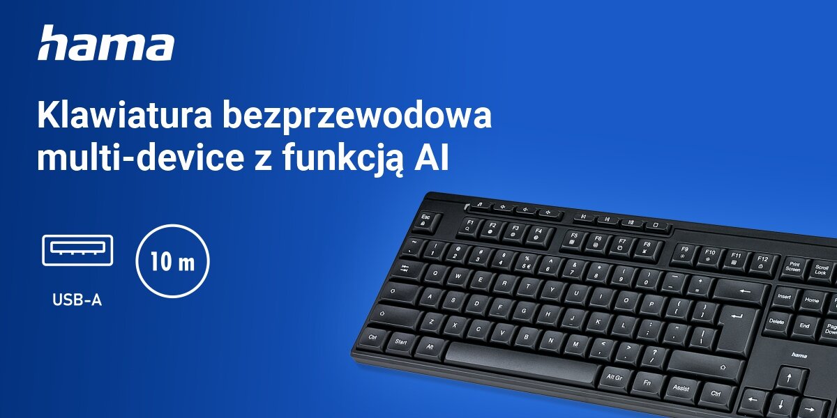 Klawiatura HAMA WK-200 Assist AI Czarny ergonomiczna klawiatura, niebieskie tło, produkt, logo producenta, ikona USB-A