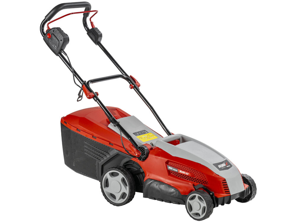 Kosiarka elektryczna DEDRA DED8741 1600W 360mm kosiarka na białym tle widoczna od przodu pod skosem zadbany trawnik skuteczne koszenie piękna trawa