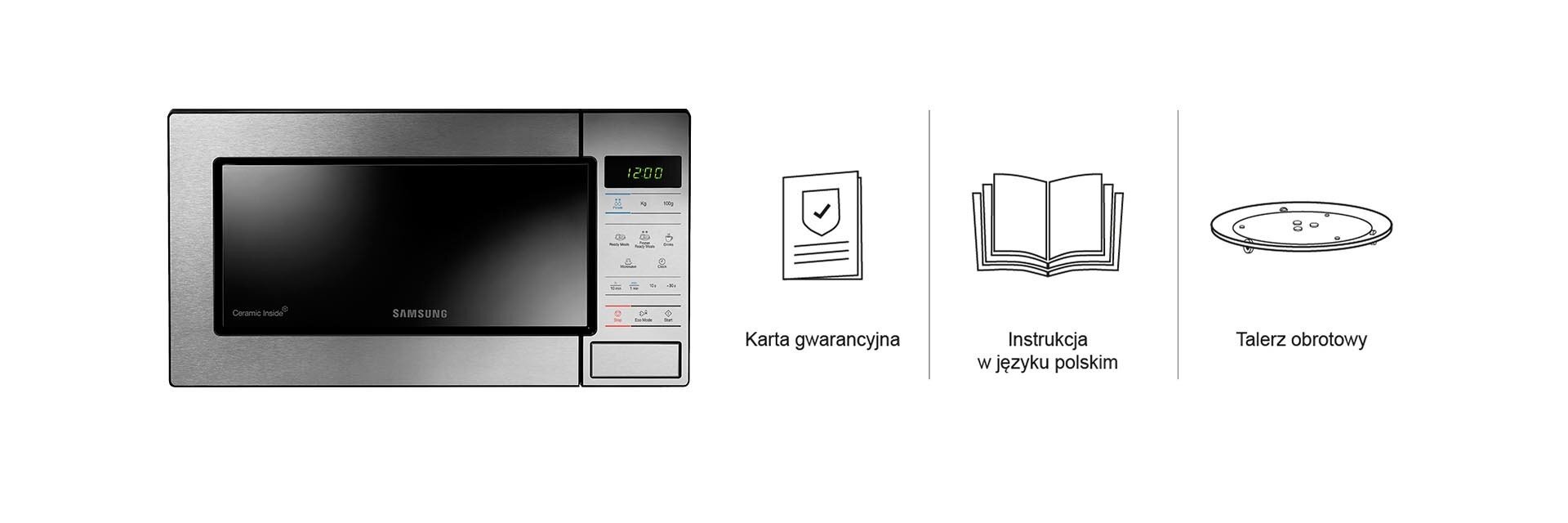 Na zdjęciu kuchenka mikrofalowa Samsung ME83M wraz z kartą gwarancyjną, instrukcją obsługi i obrotowym talerzem, które otrzymujesz w opakowaniu z urządzeniem, kupując go w MEDIA EXPERT