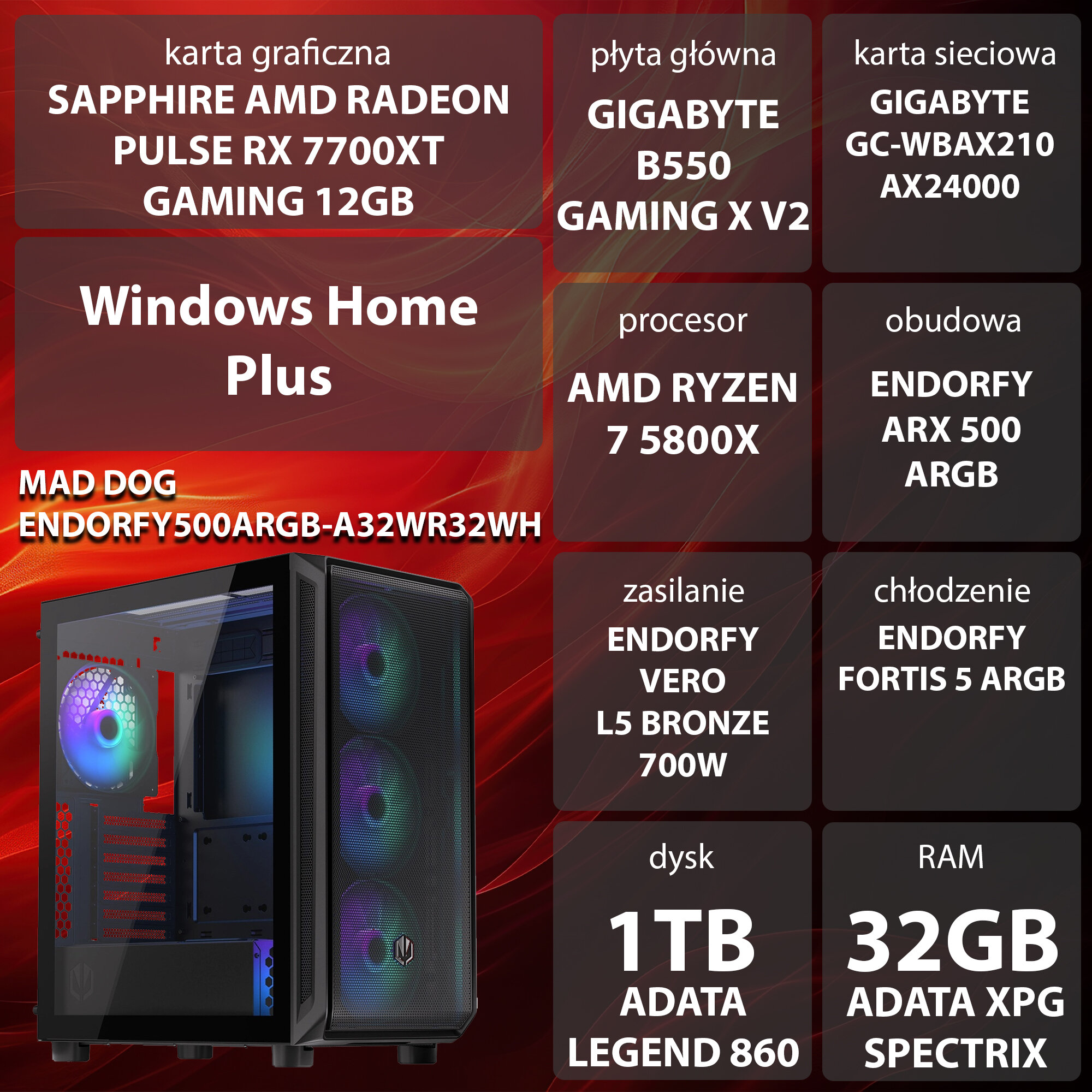 Komputer MAD DOG ENDORFY500ARGB-A32WR32WH R7-5800X 32GB RAM